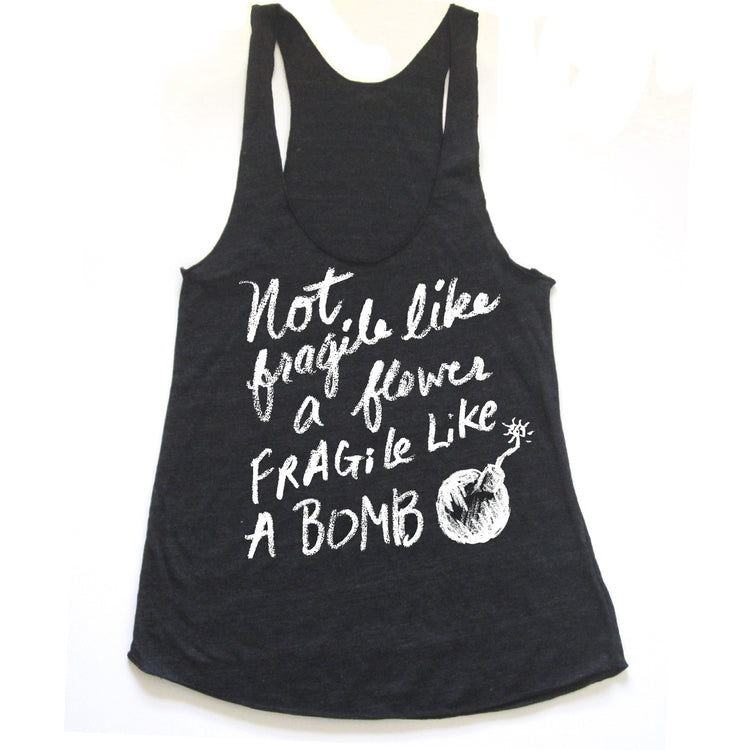 A black tank top with white text printed on it.