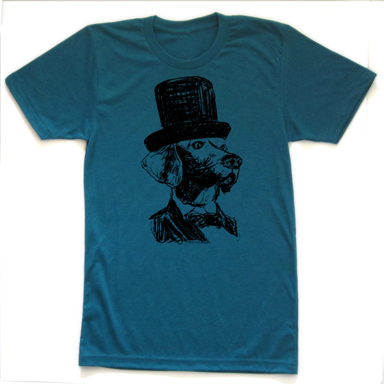 A teal-colored t-shirt with a black illustration of a dog wearing a top hat.