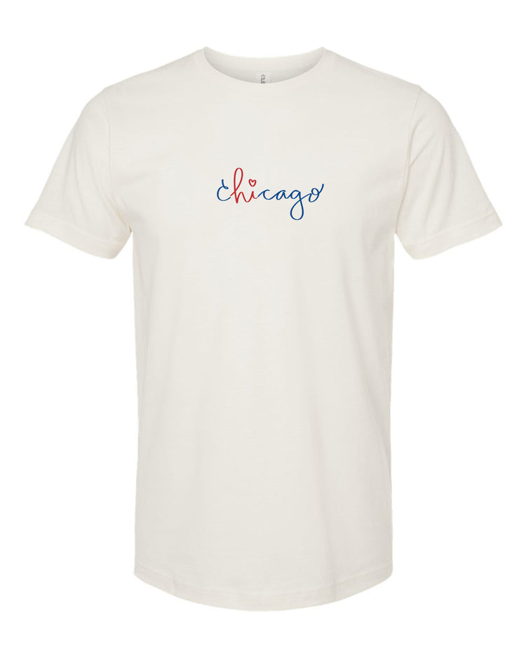 A white t-shirt with the word "Chicago" written in cursive script across the front.