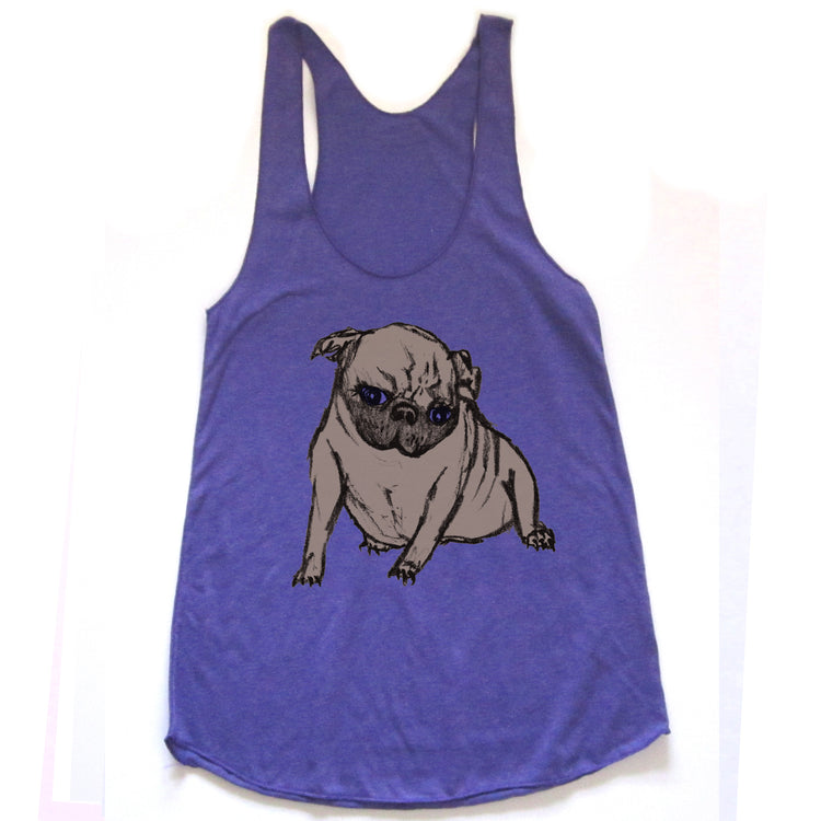 A purple tank top with a graphic of a pug dog printed on it.