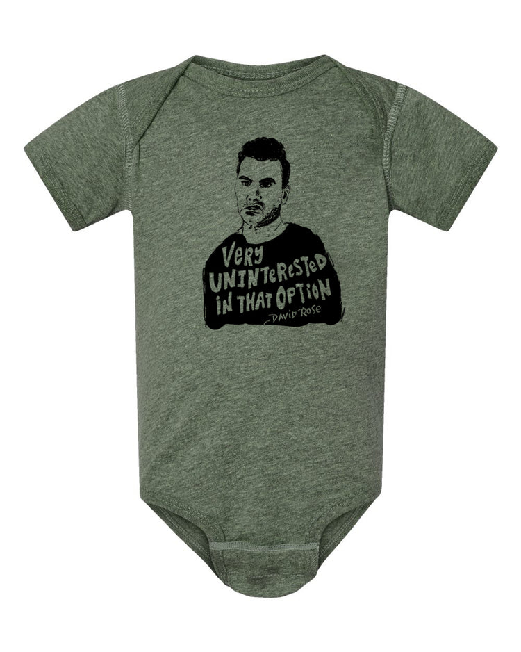 A gray baby onesie with a black and white graphic of a man's face and the text "Very Uninterested in that option" printed on it.