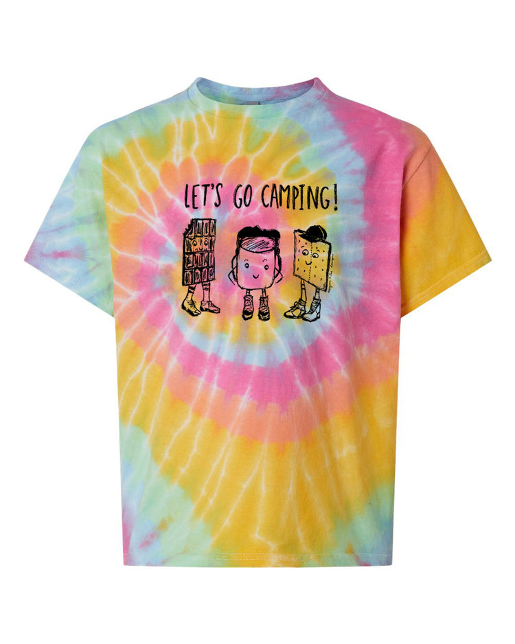 A tie-dye t-shirt with a colorful pattern and the text "Let's go camping!" printed on it.