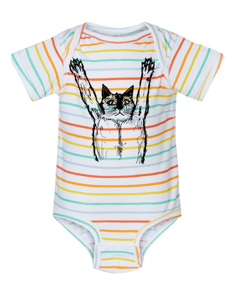 A striped baby onesie with a cat graphic printed on it.