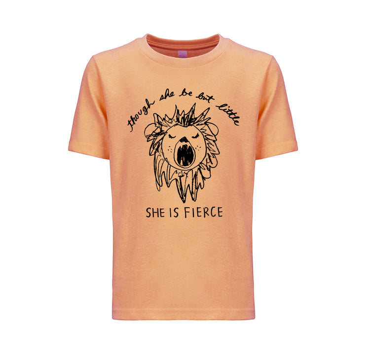 The image is a t-shirt with a graphic design featuring a lion's head and the text "She is fierce" printed on it.