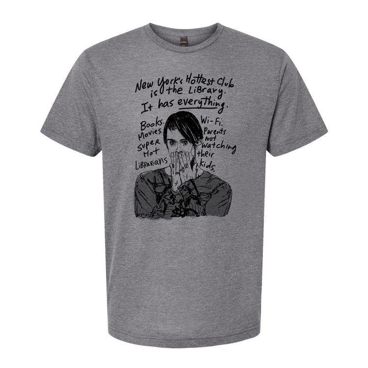 A gray t-shirt with a graphic design featuring a person's face with text surrounding it.