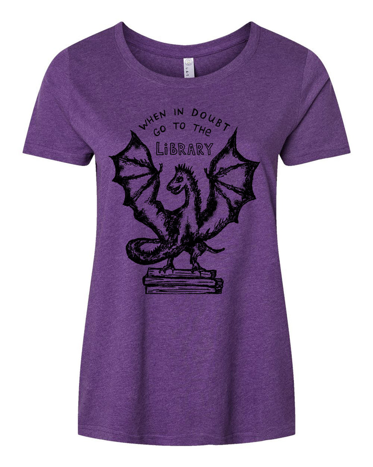 a women's purple t - shirt with an image of a dragon on it