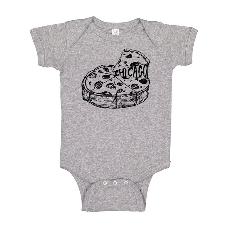 a baby bodysuit with a heart shaped piece of pizza on it
