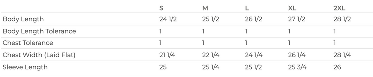 a table with various measurements and sizes for different clothing items, such as body length, chest width, and sleeve length.