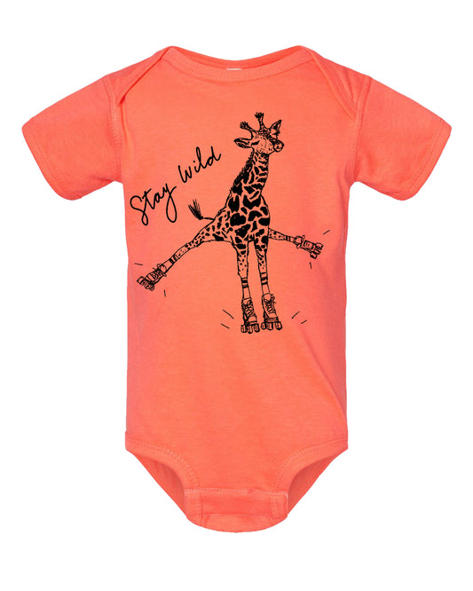 The image is a bright orange baby onesie with a graphic of a giraffe on it.
