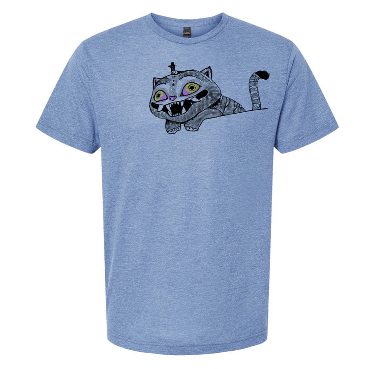 A blue t-shirt with a cartoon cat graphic printed on it.
