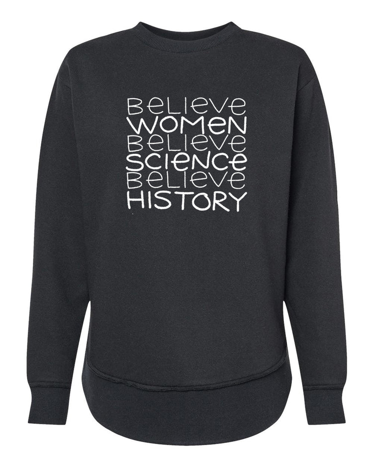 A black sweatshirt with white text printed on it.