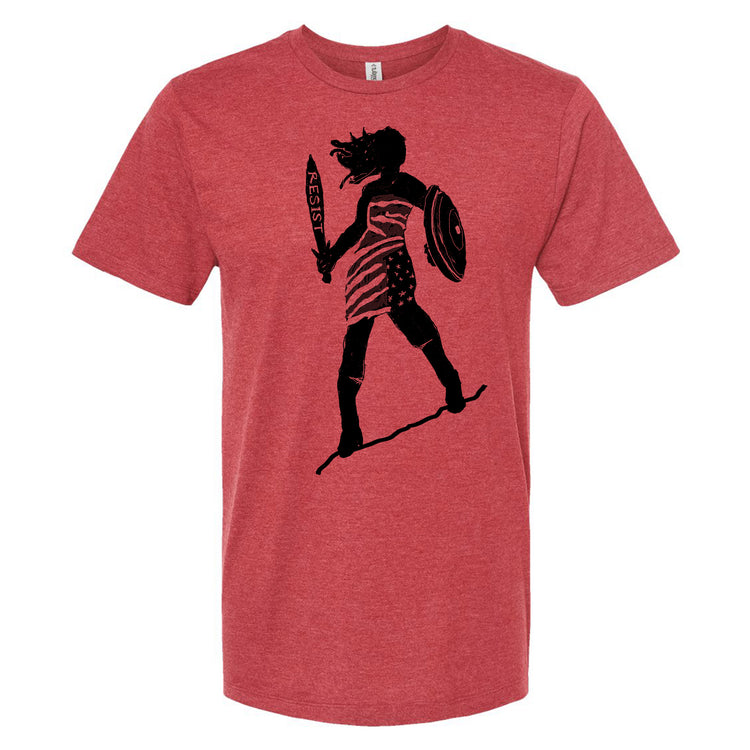 A red t-shirt with a black silhouette of a person holding a shield and sword, standing on a stick.