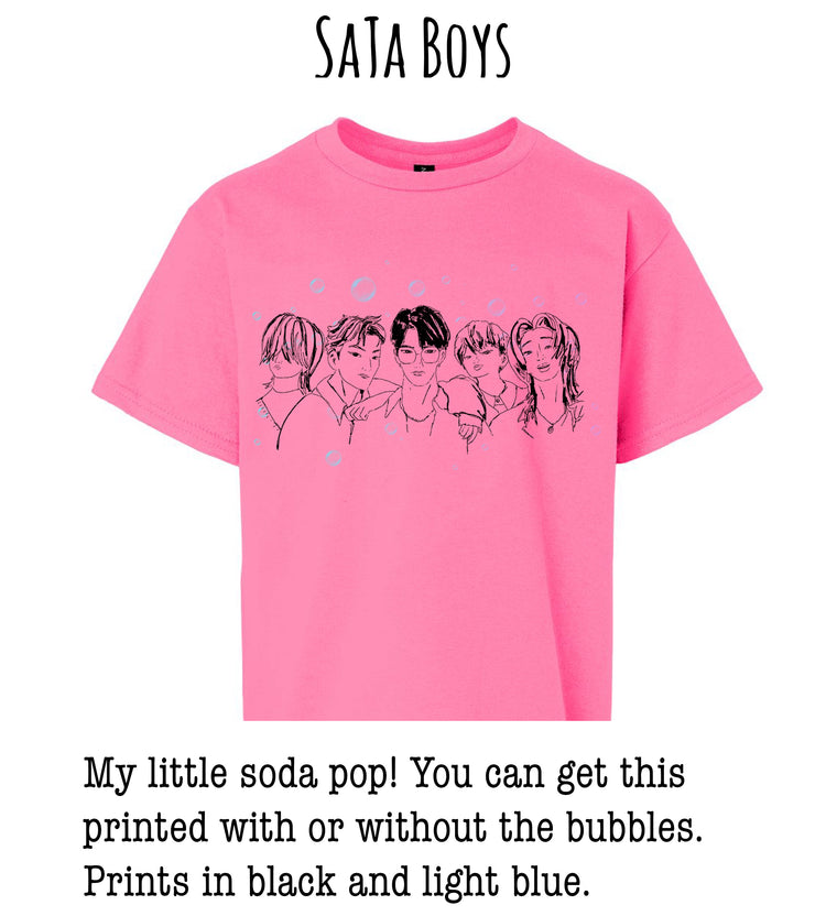 A pink t-shirt with a graphic design of five stylized human faces, along with bubbles. The text below the image provides information about the t-shirt, stating that it is a printed item and can be printed with or without the bubbles.