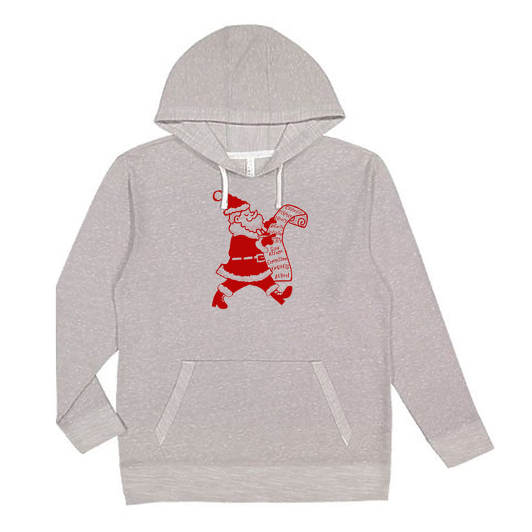 A gray hoodie with a red graphic of a Santa Claus figure on the front.