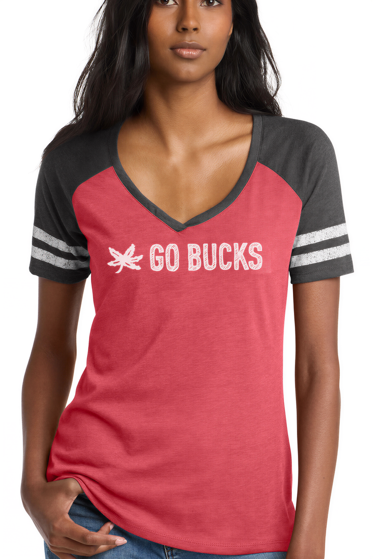 A woman wearing a red and gray t-shirt with the text "GO BUCKS" printed on it.