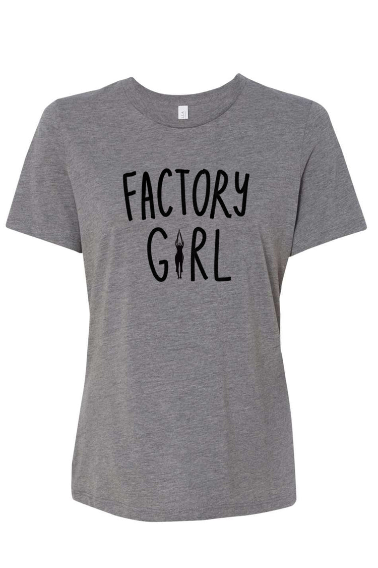 A gray t-shirt with the text "FACTORY GIRL" printed on it.