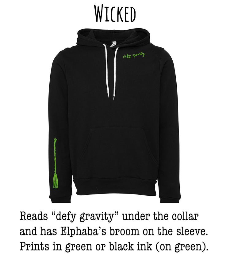 A black hoodie with a green design on the left sleeve, and the text "Wicked" above it.