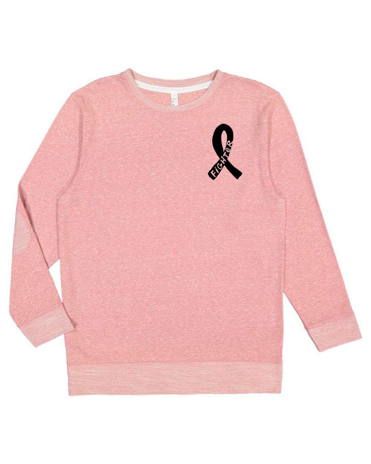 A pink long-sleeved sweatshirt with a black ribbon symbol on the left side.