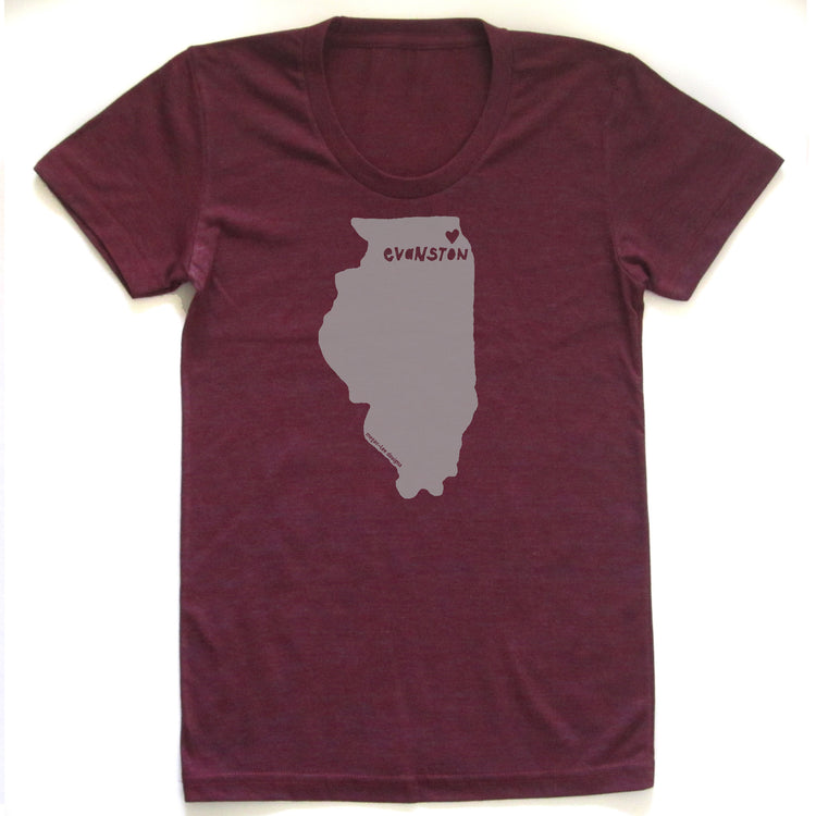 A burgundy-colored t-shirt with a graphic of the state of Illinois printed on it.