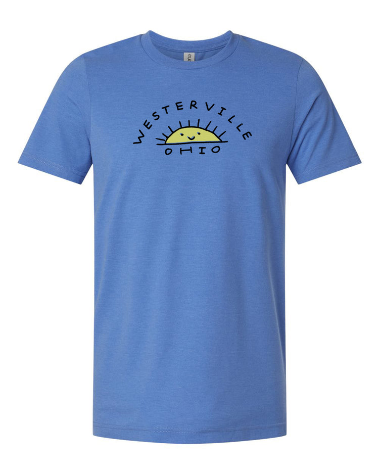 A blue t-shirt with the text "WESTERVILLE OHIO" printed on it.
