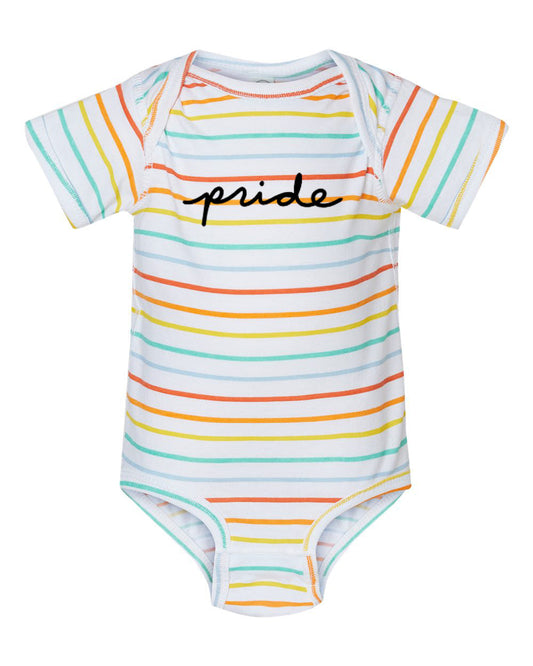 A striped baby onesie with the word "pride" printed on it.