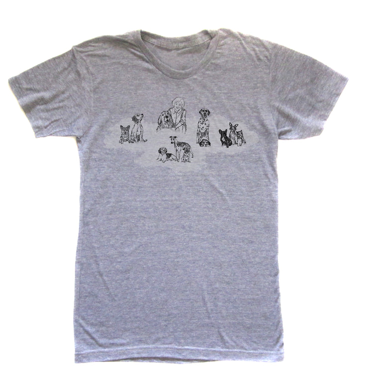 a gray t - shirt with dogs drawn on it