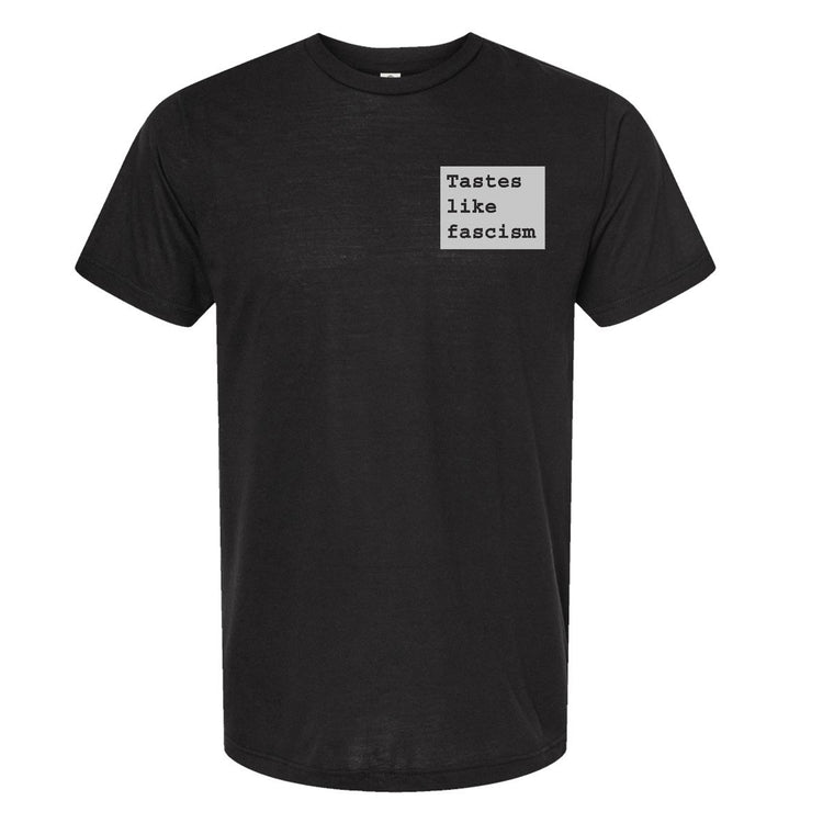a black t - shirt with a white box on the chest