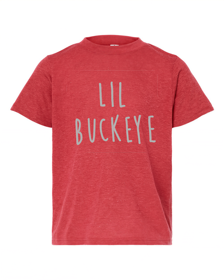 A red t-shirt with the text "LIL BUCKEYE" printed on it.