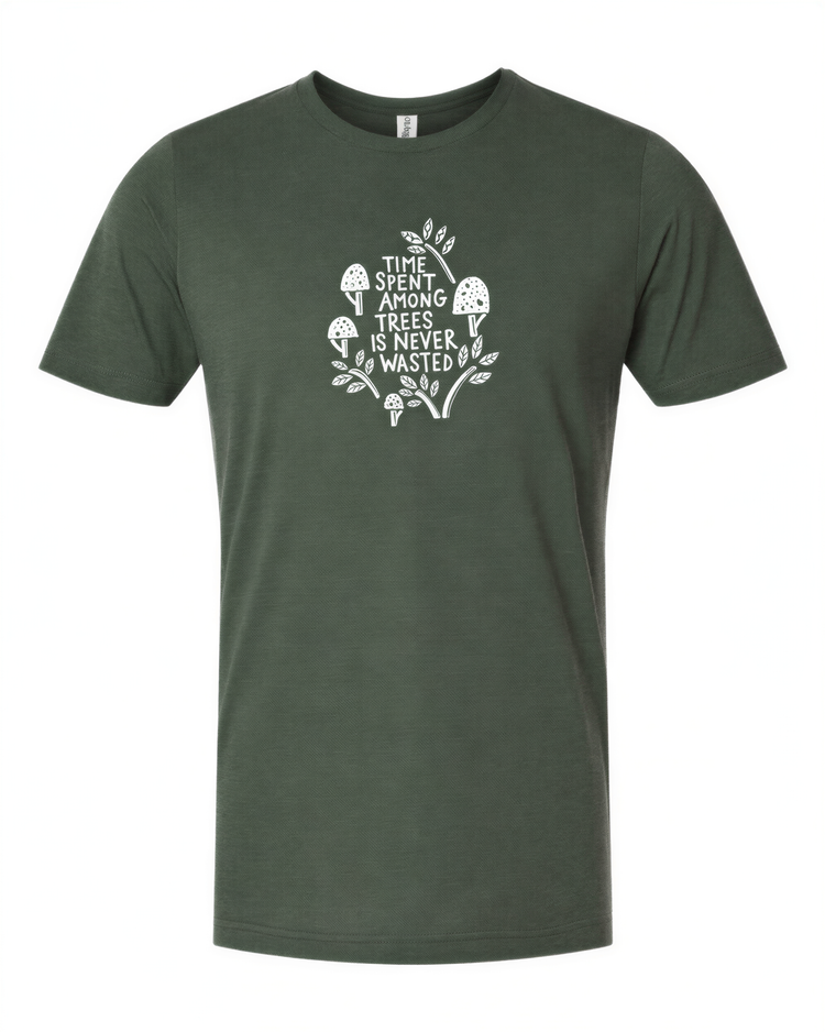 A green t-shirt with a white graphic design featuring text and mushrooms.