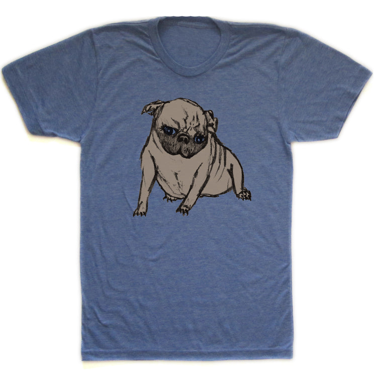 A blue t-shirt with a drawing of a pug dog on it.