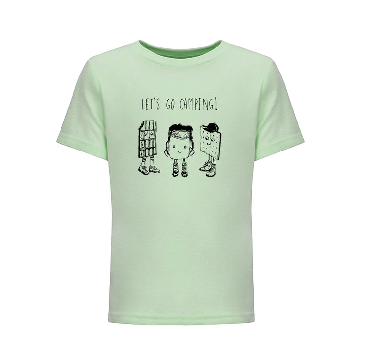 A light green t-shirt with a graphic design featuring three cartoon-like figures and the text "LET'S GO CAMPING!"