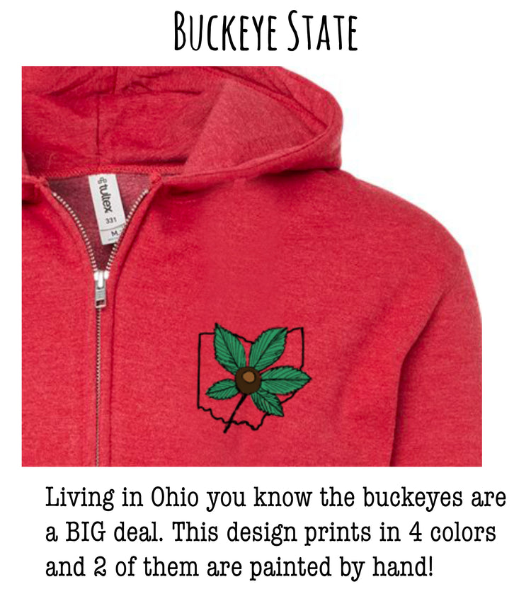 A red hoodie with a graphic of the Ohio state flower, which is a Buckeye, printed on the front.