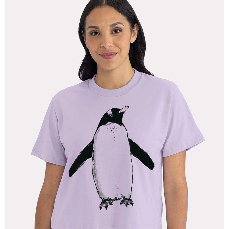 Boxy Cropped Tee – Women's Soft Cotton Tee With Hand Drawn Penguin Design