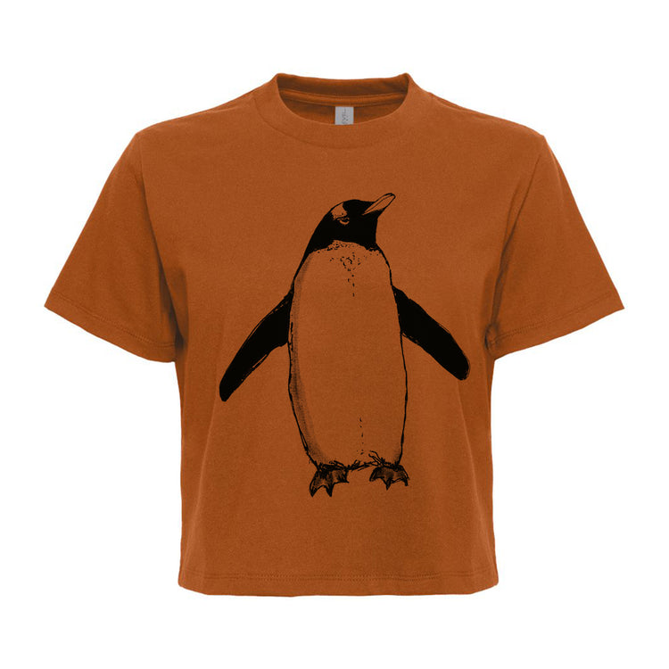 Boxy Cropped Tee – Women's Soft Cotton Tee With Hand Drawn Penguin Design