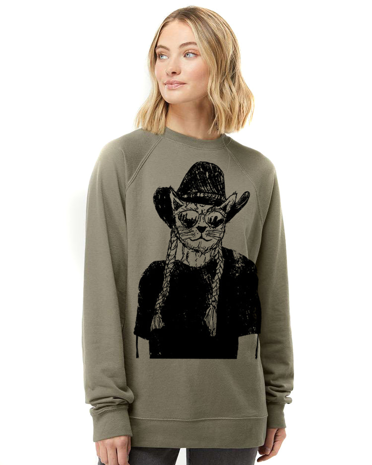 Unisex Crewneck Sweatshirt - Slim Fit Loopback Terry Eco Friendly Willie Cat Design