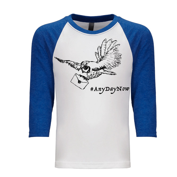 A white and blue baseball-style t-shirt with a graphic of a bird carrying an envelope and the text "#AnyDayNow" printed on it.