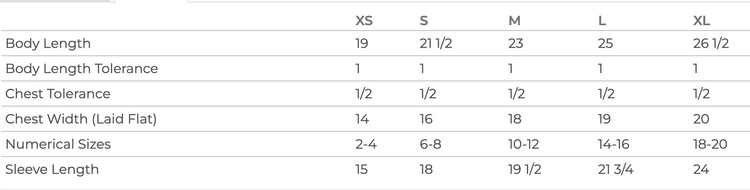 A table with various sizes listed, including XS, S, M, L, and XL, along with corresponding body length and chest measurements.
