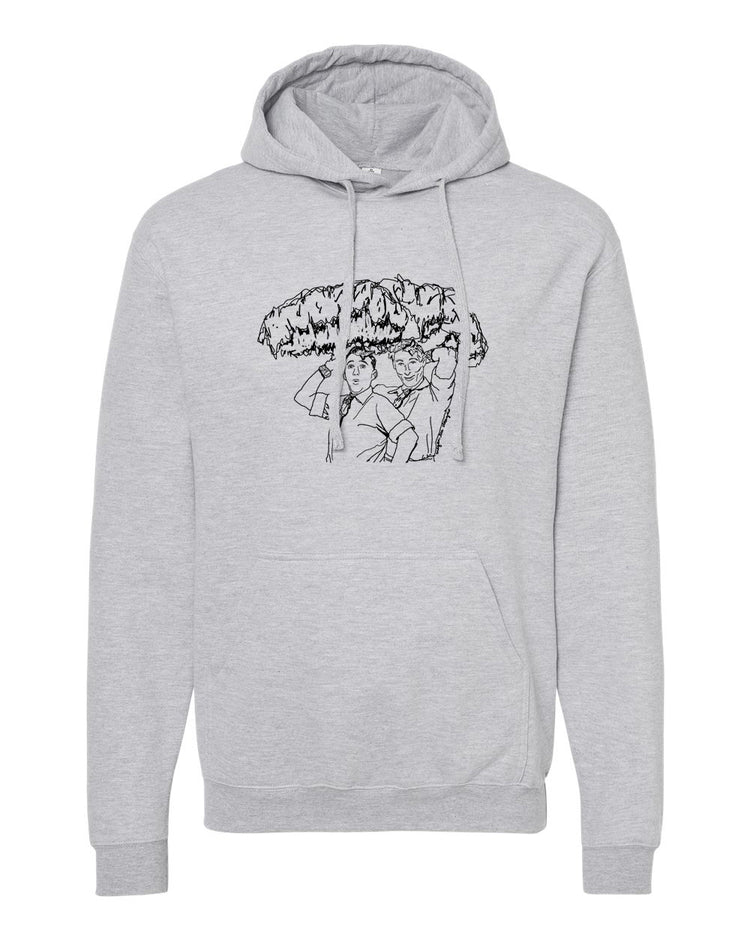 A gray hoodie with a graphic design depicting a person holding a large umbrella.