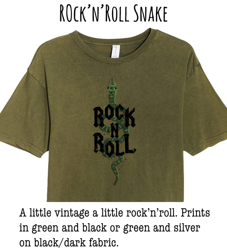 A green t-shirt with the text "ROCK'N'ROLL SNAKE" printed on it.