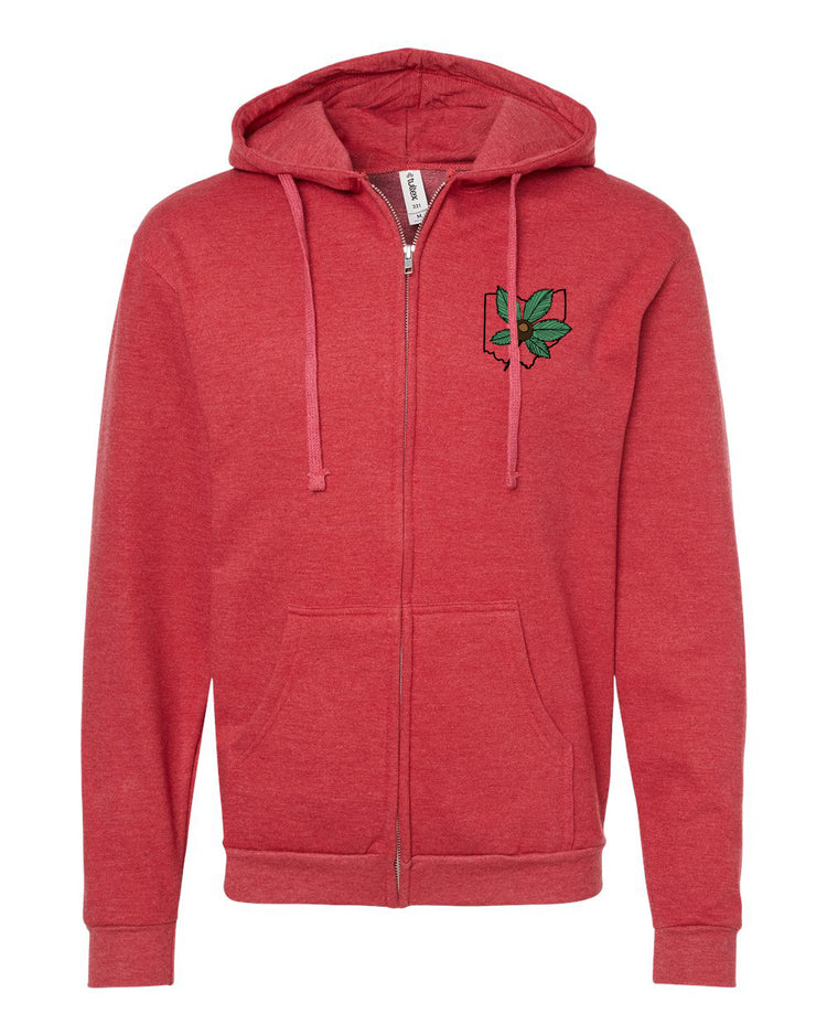 A red zip-up hoodie with a graphic of a leaf on the front.