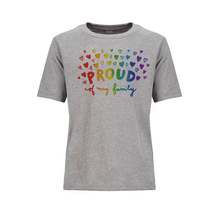 A gray t-shirt with a colorful graphic design and text that reads "PROUD of my family".