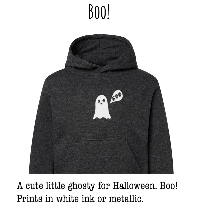 A cute little ghostly figure with the word "BOO!" printed on a dark grey hoodie.