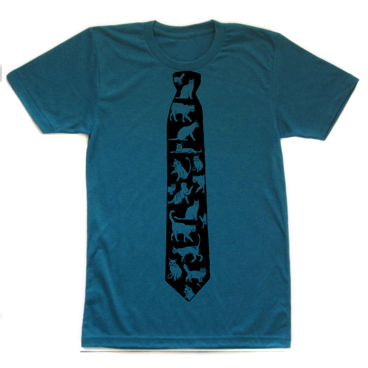 A teal-colored t-shirt with a black tie printed on it, featuring a repeating pattern of cat silhouettes.
