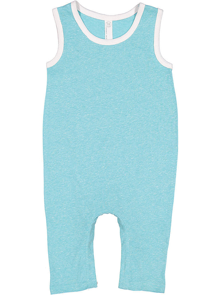 a baby boy's blue romper with white trim