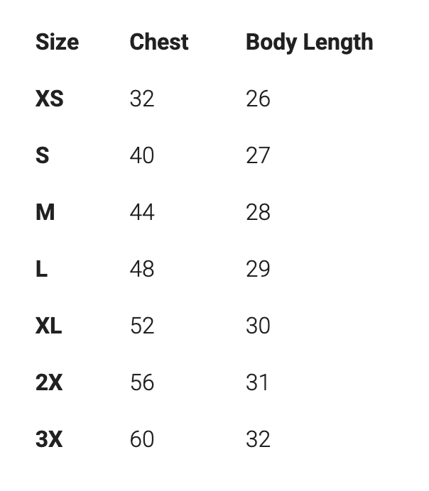 a table with size, chest, and body length measurements for different clothing sizes, ranging from XS to 3X.