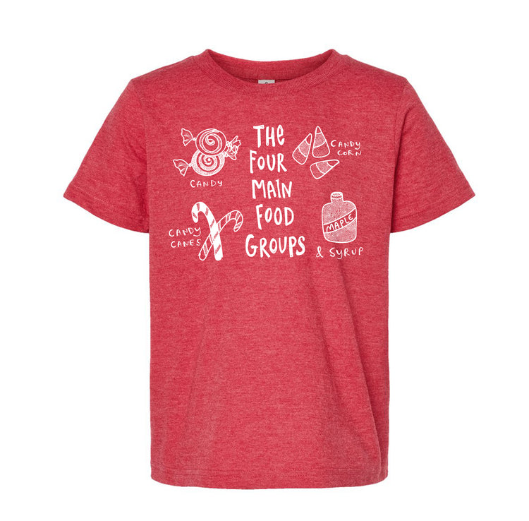 A red t-shirt with white text and illustrations related to food groups.