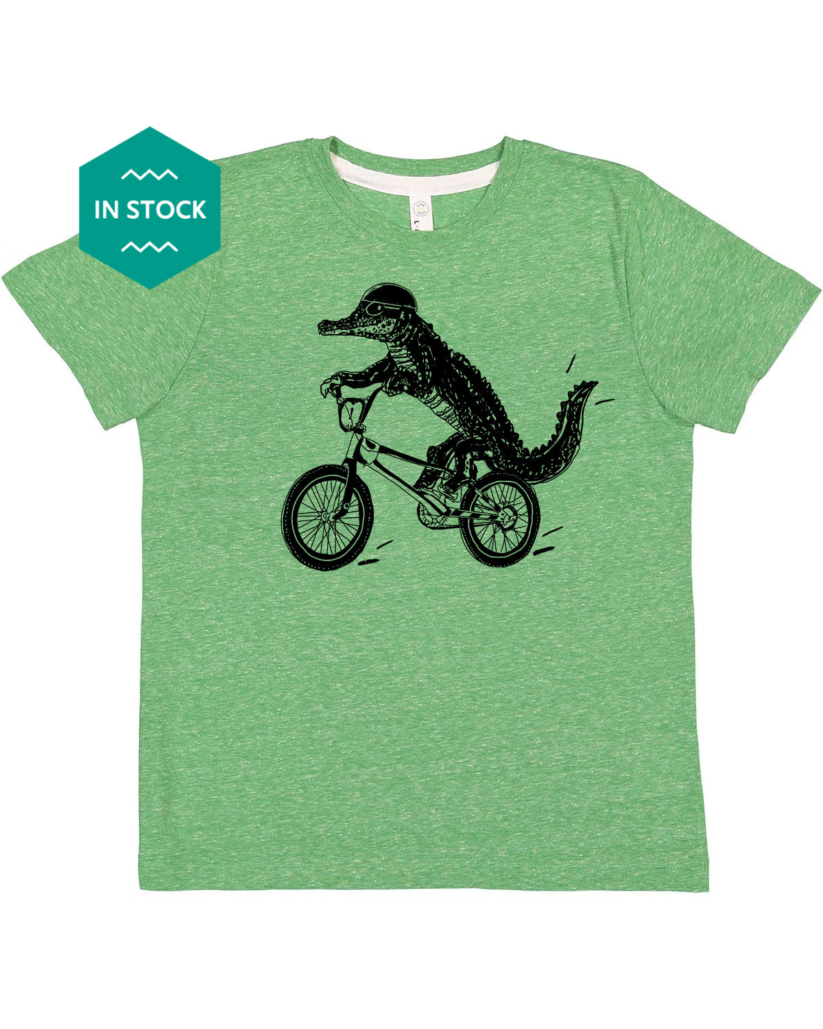 a green t - shirt with an alligator riding a bike