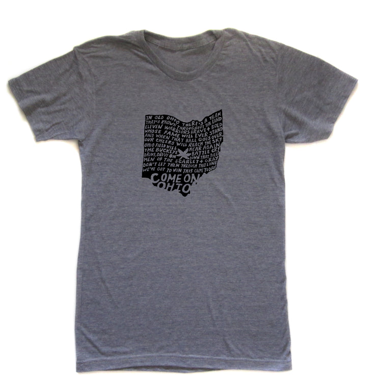 A gray t-shirt with a graphic design featuring the text "COME ON ONOHIO" in a stylized font, which appears to be a reference to the state of Ohio.