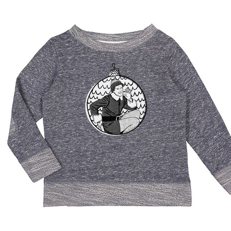 A gray long-sleeved sweater with a circular embroidered design featuring a cartoon character.