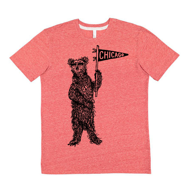 A red t-shirt with a graphic design of a bear holding a Chicago flag.